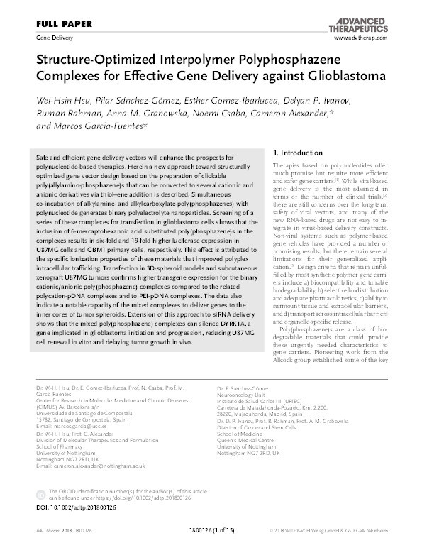 Structure-optimized interpolymer polyphosphazene complexes for effective gene delivery against glioblastoma Thumbnail