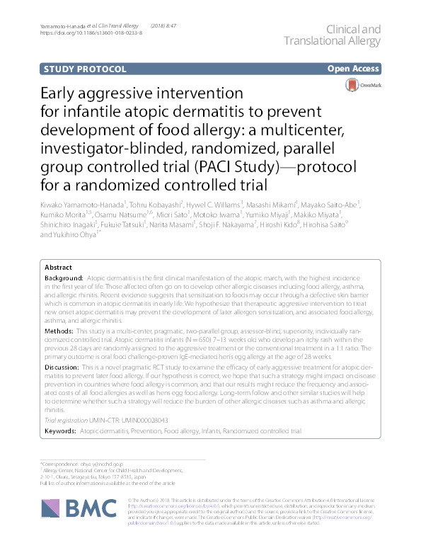 Early aggressive intervention for infantile atopic dermatitis to prevent development of food allergy: a multicenter, investigator-blinded, randomized, parallel group controlled trial (PACI Study): protocol for a randomized controlled trial Thumbnail