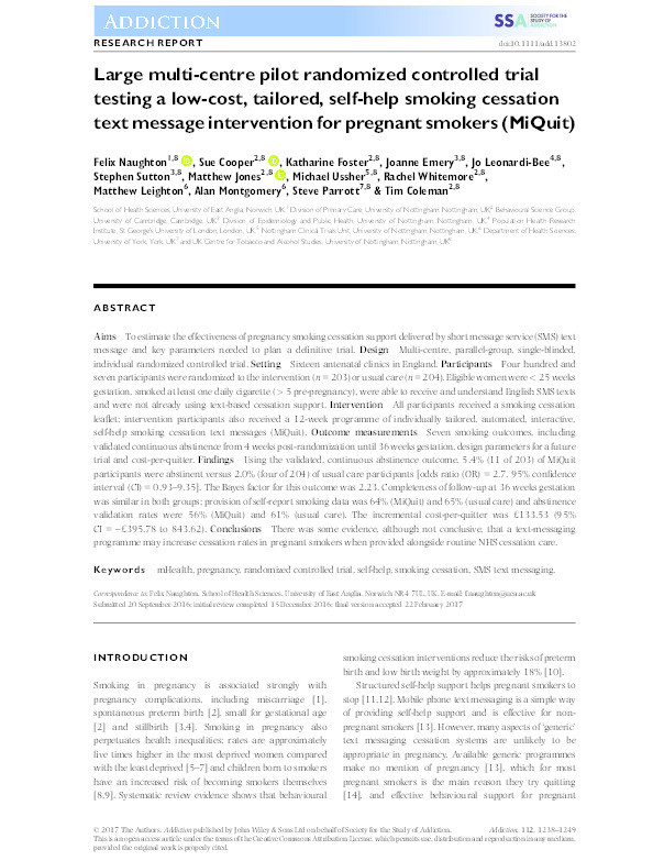 Large multi-centre pilot randomized controlled trial testing a low-cost, tailored, self-help smoking cessation text message intervention for pregnant smokers (MiQuit): randomized controlled trial of MiQuit Thumbnail