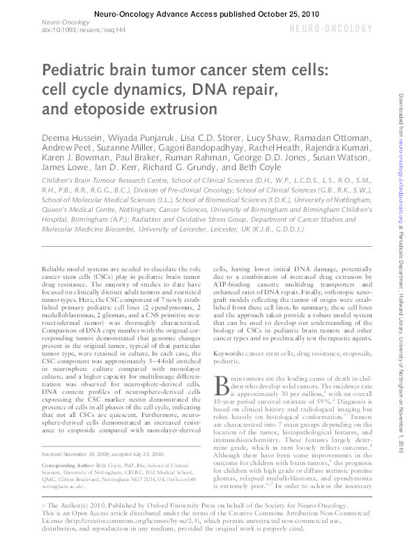 Pediatric brain tumor cancer stem cells: cell cycle dynamics, DNA repair, and etoposide extrusion Thumbnail