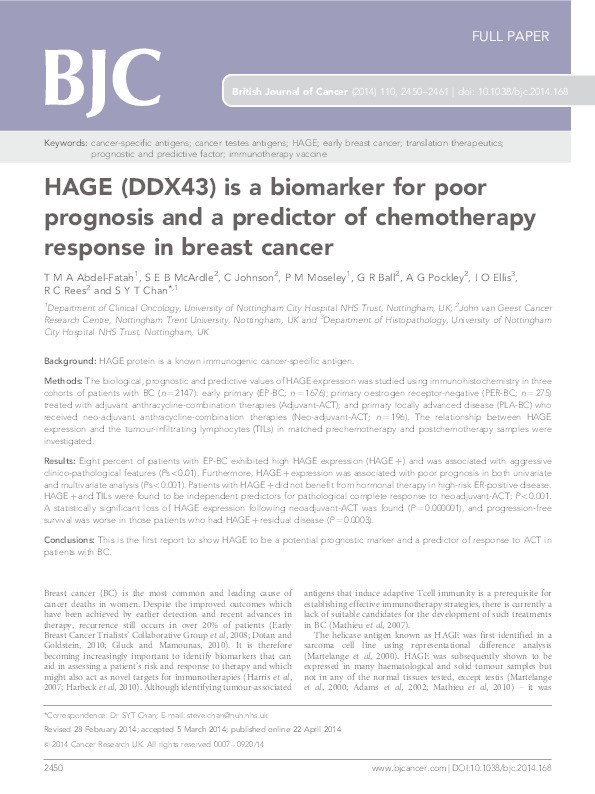 HAGE (DDX43) is a biomarker for poor prognosis and a predictor of chemotherapy response in breast cancer Thumbnail