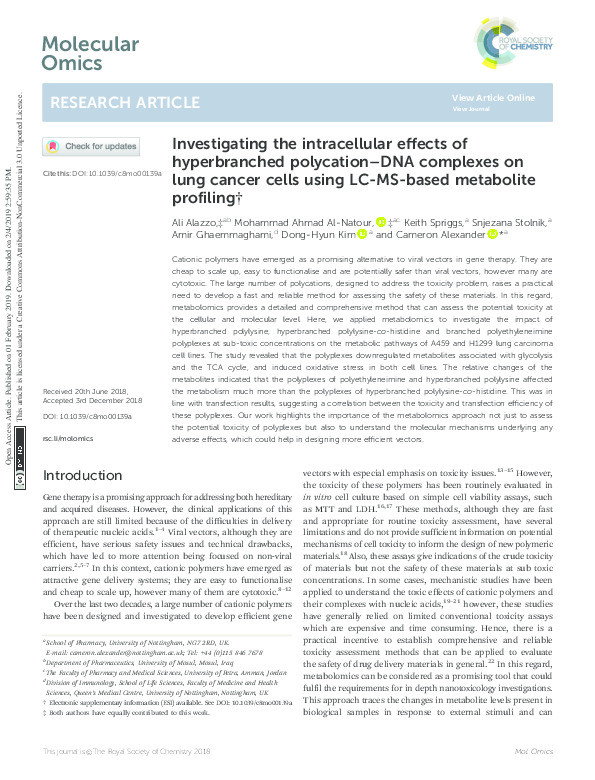 Investigating  the intracellular effects of hyperbranched polycation-DNA complexes on lung cancer cells using LC-MS-based metabolite profiling Thumbnail