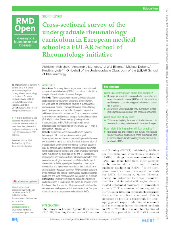 Cross-sectional survey of the undergraduate rheumatology curriculum in European medical schools: a EULAR School of Rheumatology initiative Thumbnail