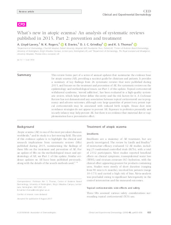 What's new in atopic eczema? An analysis of systematic reviews published in 2015. Part 2: prevention and treatment Thumbnail