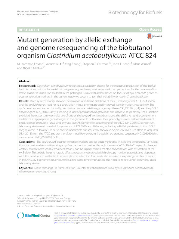 Mutant generation by allelic exchange and genome resequencing of the biobutanol organism Clostridium acetobutylicum ATCC 824 Thumbnail