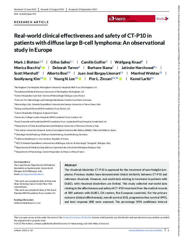 Real‐world clinical effectiveness and safety of CT‐P10 in patients with diffuse large B‐cell lymphoma: An observational study in Europe Thumbnail