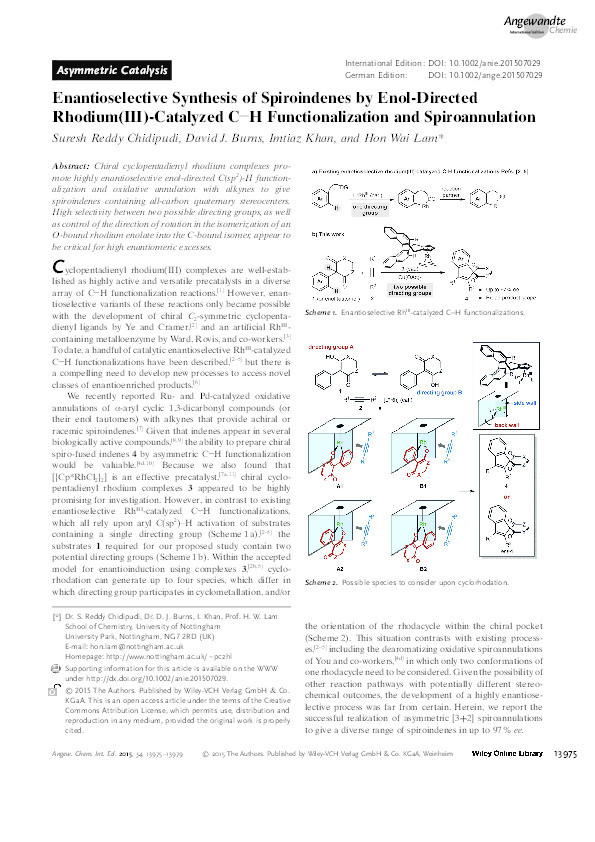 Enantioselective Synthesis of Spiroindenes by Enol-Directed Rhodium(III)-Catalyzed C—H Functionalization and Spiroannulation Thumbnail