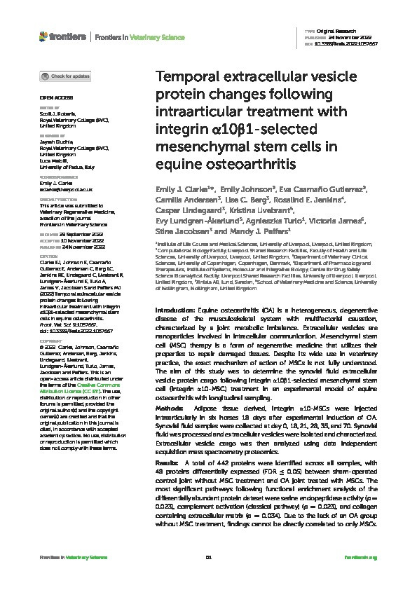 Temporal extracellular vesicle protein changes following intraarticular treatment with integrin α10β1-selected mesenchymal stem cells in equine osteoarthritis Thumbnail