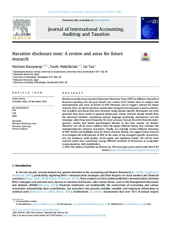 Narrative disclosure tone: A review and areas for future research Thumbnail