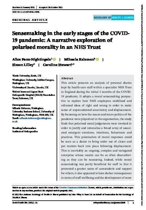 Sensemaking in the early stages of the COVID-19 pandemic: A narrative exploration of polarised morality in an NHS Trust Thumbnail