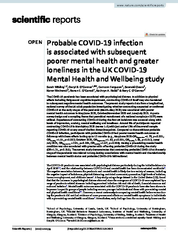 Probable COVID-19 infection is associated with subsequent poorer mental health and greater loneliness in the UK COVID-19 Mental Health and Wellbeing study Thumbnail