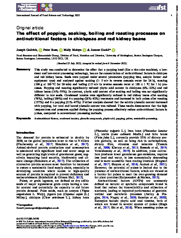 The effect of popping, soaking, boiling and roasting processes on antinutritional factors in chickpeas and red kidney beans Thumbnail