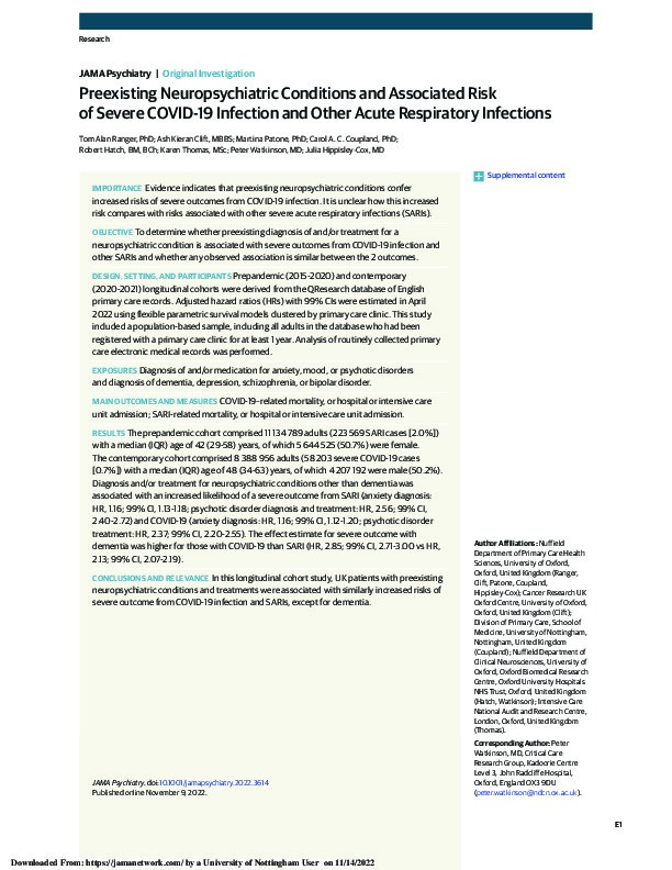 Preexisting Neuropsychiatric Conditions and Associated Risk of Severe COVID-19 Infection and Other Acute Respiratory Infections Thumbnail