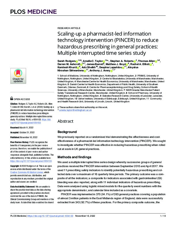 Scaling-up a pharmacist-led information technology intervention (PINCER) to reduce hazardous prescribing in general practices: Multiple interrupted time series study Thumbnail