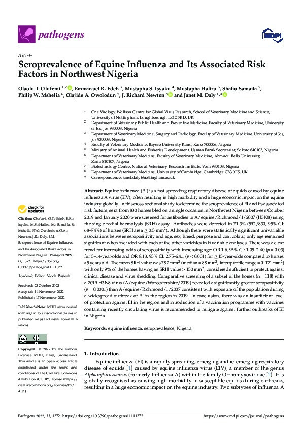 Seroprevalence of Equine Influenza and Its Associated Risk Factors in Northwest Nigeria Thumbnail