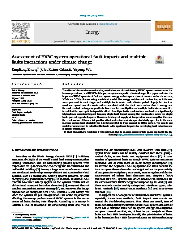 Assessment of HVAC system operational fault impacts and multiple faults interactions under climate change Thumbnail