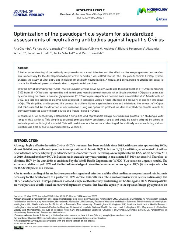 Optimization of the pseudoparticle system for standardized assessments of neutralizing antibodies against hepatitis C virus Thumbnail
