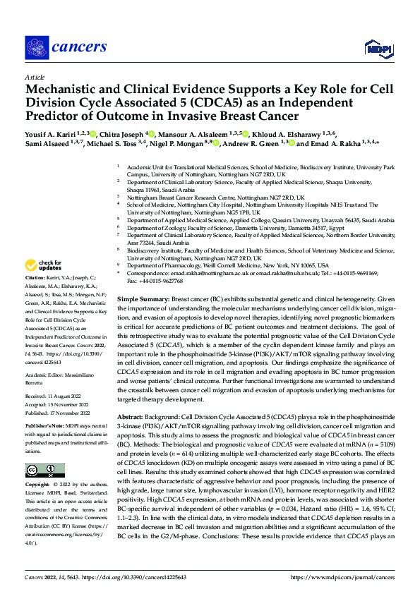 Mechanistic and Clinical Evidence Supports a Key Role for Cell Division Cycle Associated 5 (CDCA5) as an Independent Predictor of Outcome in Invasive Breast Cancer Thumbnail