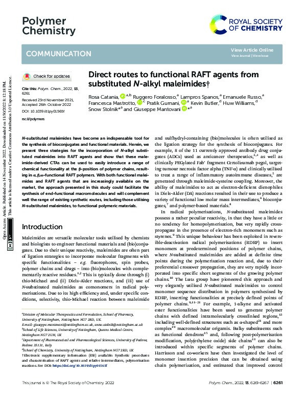 Direct routes to functional RAFT agents from substituted N-alkyl maleimides Thumbnail