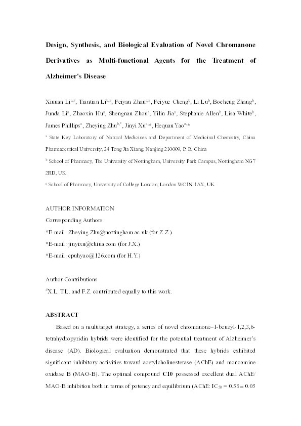 Design, Synthesis, and Biological Evaluation of Novel Chromanone Derivatives as Multifunctional Agents for the Treatment of Alzheimer's Disease Thumbnail