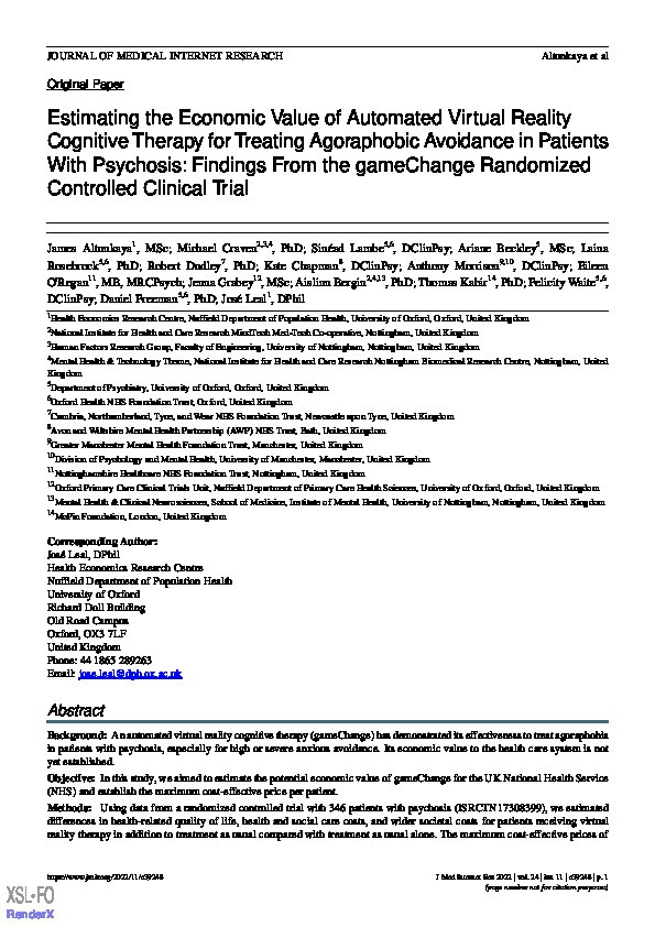 Estimating the Economic Value of Automated Virtual Reality Cognitive Therapy for Treating Agoraphobic Avoidance in Patients With Psychosis: Findings From the gameChange Randomized Controlled Clinical Trial Thumbnail