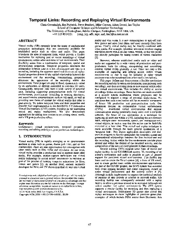 Applications of temporal links: recording and replaying virtual environments Thumbnail