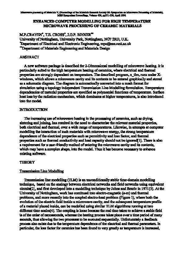 Enhanced computer modelling for high temperature microwave processing of ceramic materials Thumbnail