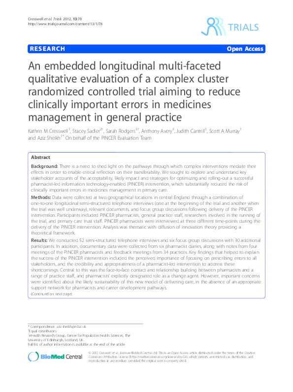 An embedded longitudinal multi-faceted qualitative evaluation of a complex cluster randomized controlled trial aiming to reduce clinically important errors in medicines management in general practice Thumbnail