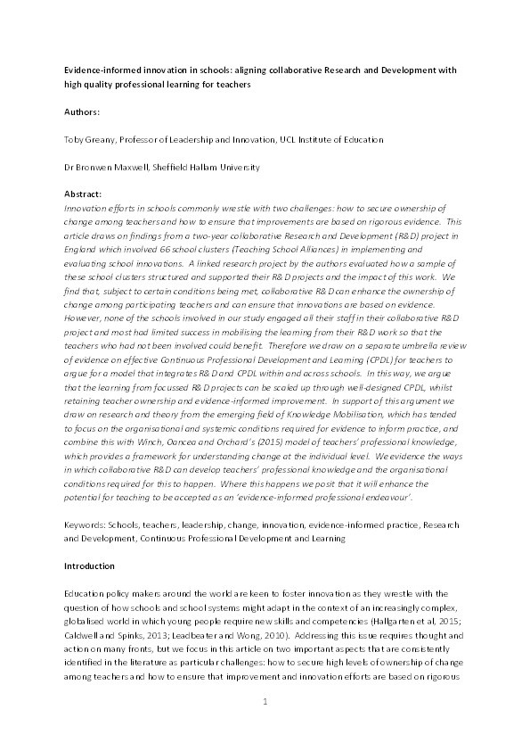 Evidence-informed innovation in schools: aligning collaborative research and development with high quality professional learning for teachers Thumbnail