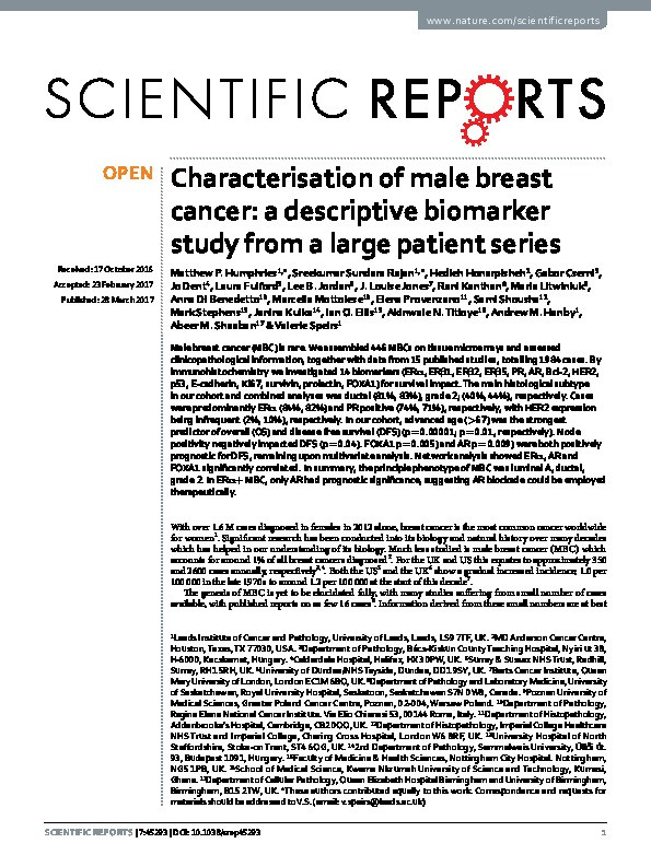 Characterisation of male breast cancer: a descriptive biomarker study from a large patient series Thumbnail