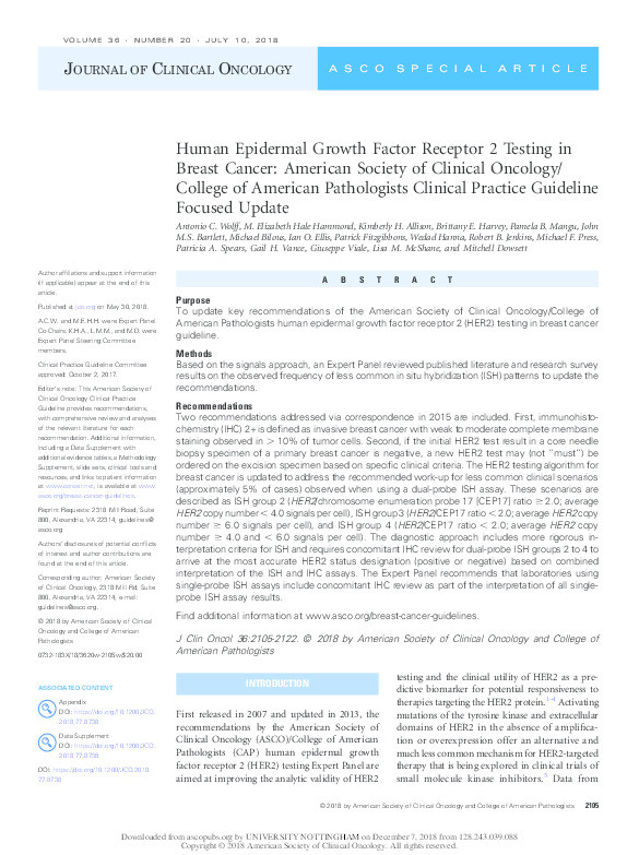 Human epidermal growth factor receptor 2 testing in breast cancer: American Society of Clinical Oncology/College of American Pathologists clinical practice guideline focused update Thumbnail