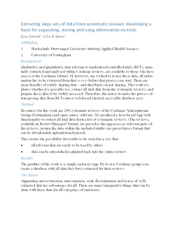 Extracting large sets of data from systematic reviews: developing a basis for separating, storing and using information on trials Thumbnail