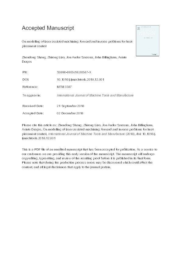 On modelling of laser assisted machining: forward and inverse problems for heat placement control Thumbnail