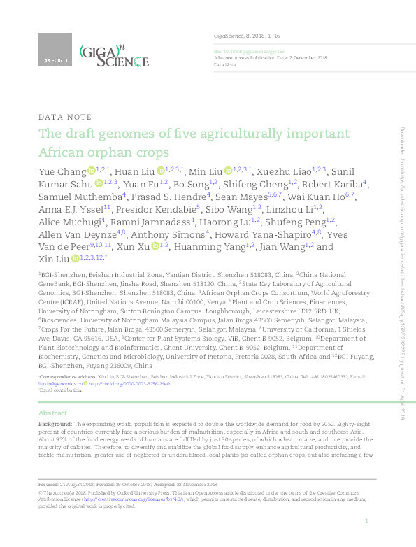 The draft genomes of five agriculturally important African orphan crops Thumbnail