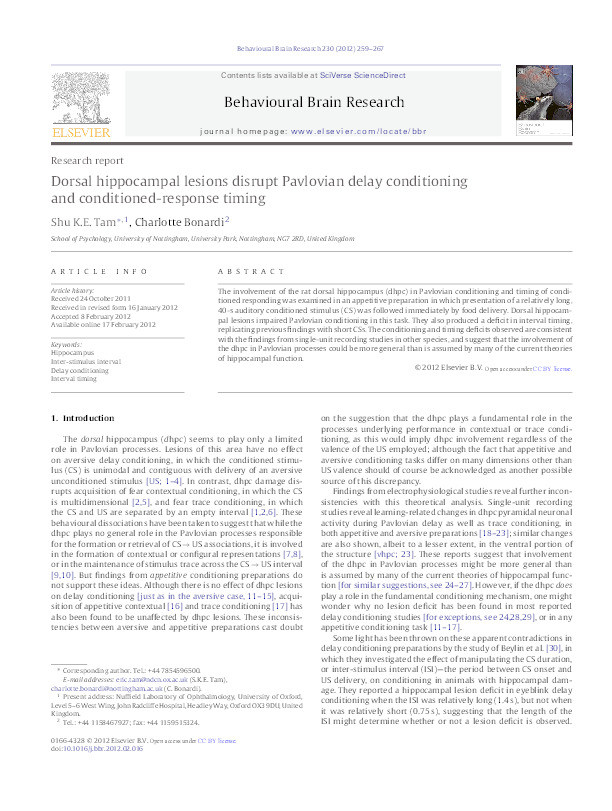 Dorsal hippocampal lesions disrupt Pavlovian delay conditioning and conditioned-response timing Thumbnail