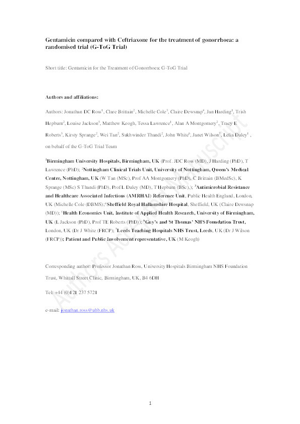 Gentamicin compared with ceftriaxone for the treatment of gonorrhoea (G-ToG): a randomised non-inferiority trial Thumbnail