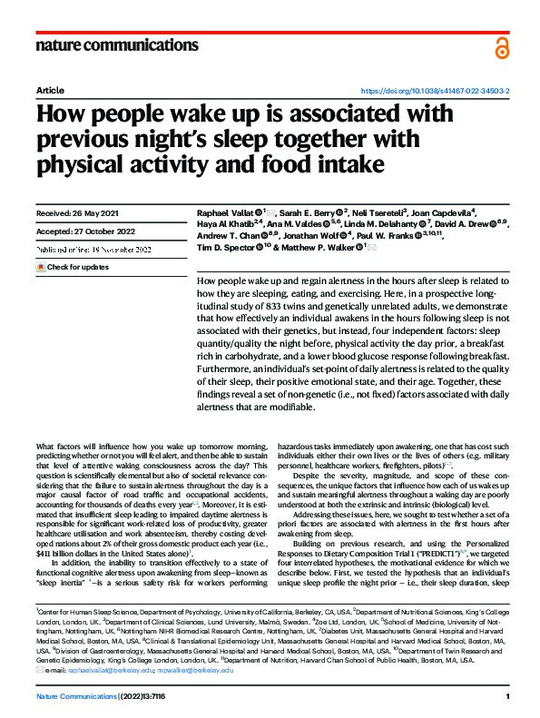 How people wake up is associated with previous night’s sleep together with physical activity and food intake Thumbnail