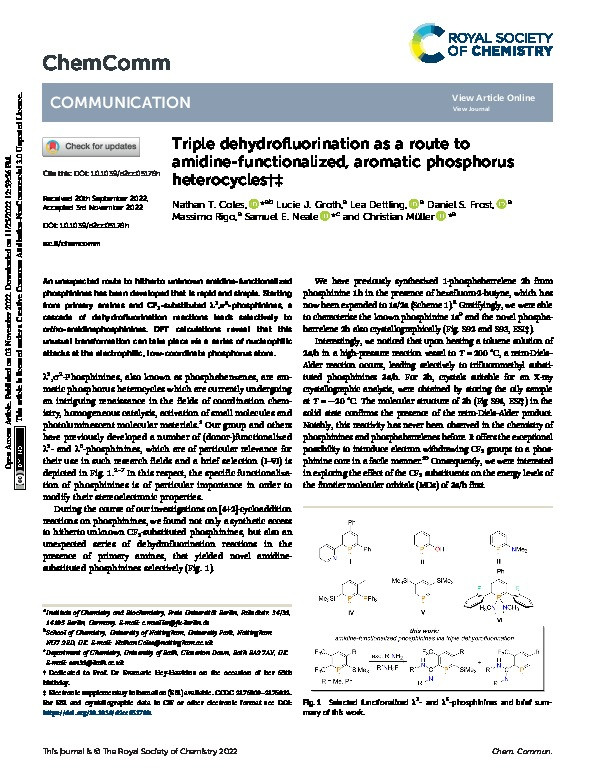 Triple dehydrofluorination as a route to amidine-functionalized, aromatic phosphorus heterocycles Thumbnail