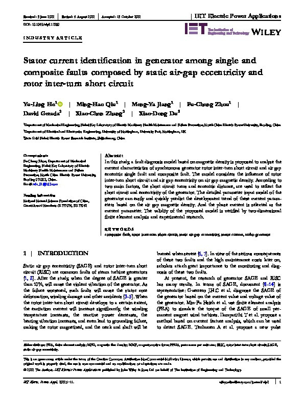 Stator current identification in generator among single and composite faults composed by static air‐gap eccentricity and rotor inter‐turn short circuit Thumbnail
