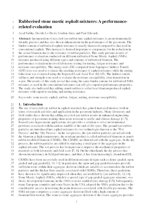 Rubberised stone mastic asphalt mixtures: a performance-related evaluation Thumbnail