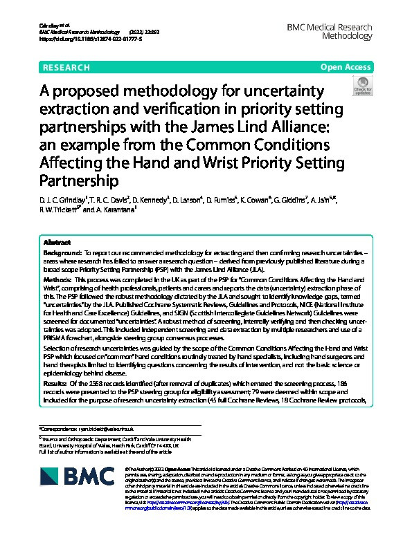 A proposed methodology for uncertainty extraction and verification in priority setting partnerships with the James Lind Alliance: an example from the Common Conditions Affecting the Hand and Wrist Priority Setting Partnership Thumbnail