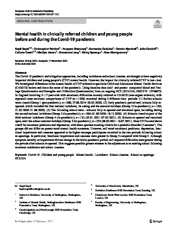 Mental health in clinically referred children and young people before and during the Covid-19 pandemic Thumbnail