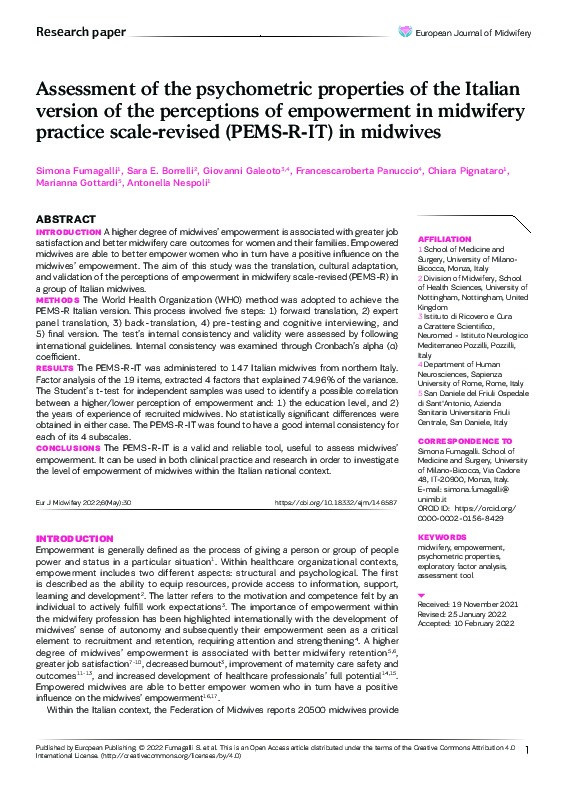 Assessment of the psychometric properties of the Italian version of the perceptions of empowerment in midwifery practice scale-revised (PEMS-R-IT) in midwives Thumbnail