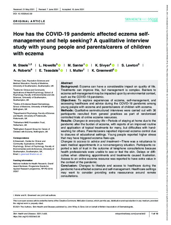 How has the COVID‐19 pandemic affected eczema self‐management and help seeking? A qualitative interview study with young people and parents/carers of children with eczema Thumbnail