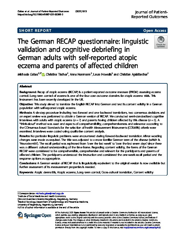 The German RECAP questionnaire: linguistic validation and cognitive debriefing in German adults with self-reported atopic eczema and parents of affected children Thumbnail