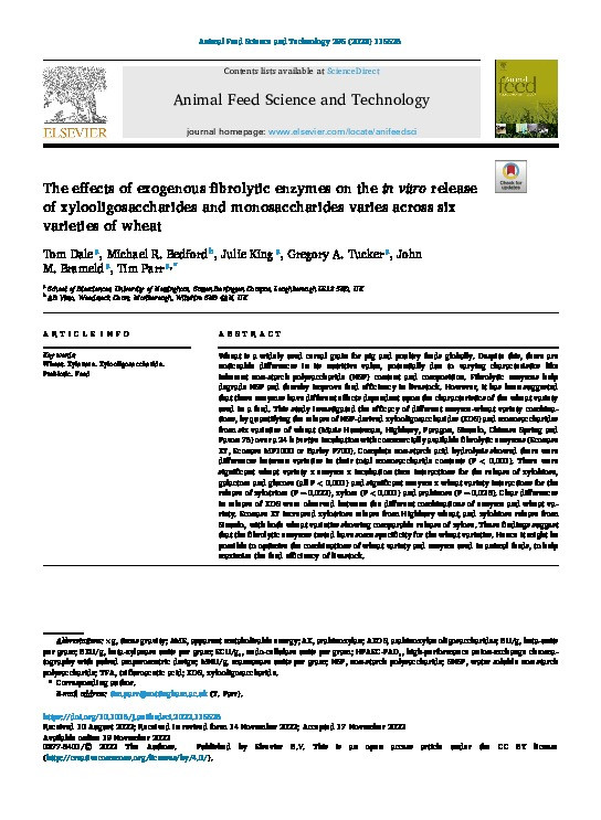 The effects of exogenous fibrolytic enzymes on the in vitro release of xylooligosaccharides and monosaccharides varies across six varieties of wheat Thumbnail