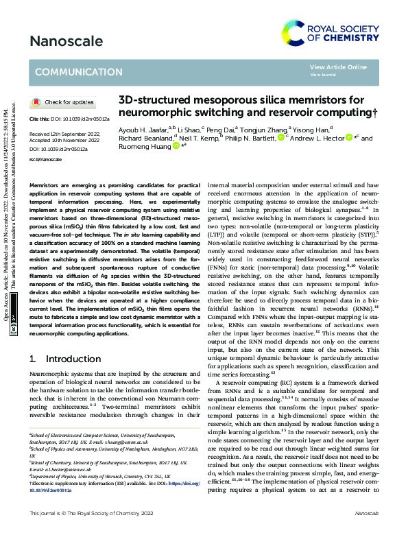 3D-structured mesoporous silica memristors for neuromorphic switching and reservoir computing Thumbnail