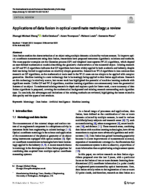 Applications of data fusion in optical coordinate metrology: a review Thumbnail