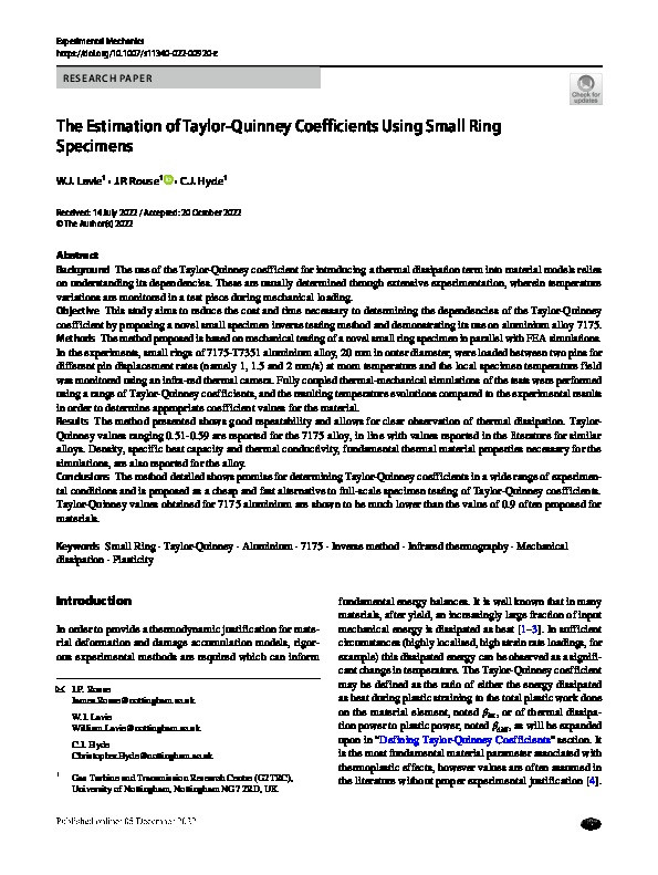 The Estimation of Taylor-Quinney Coefficients Using Small Ring Specimens Thumbnail