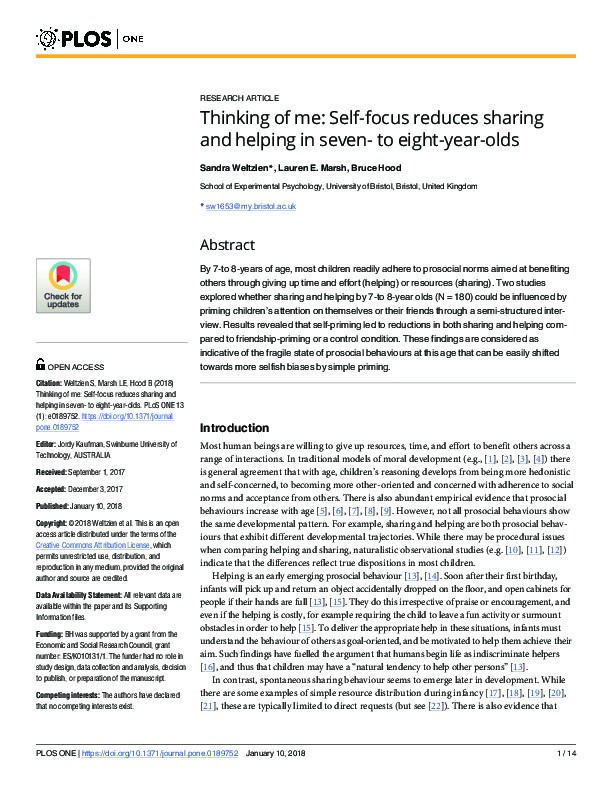 Thinking of me: Self-focus reduces sharing and helping in seven- to eight-year-olds Thumbnail